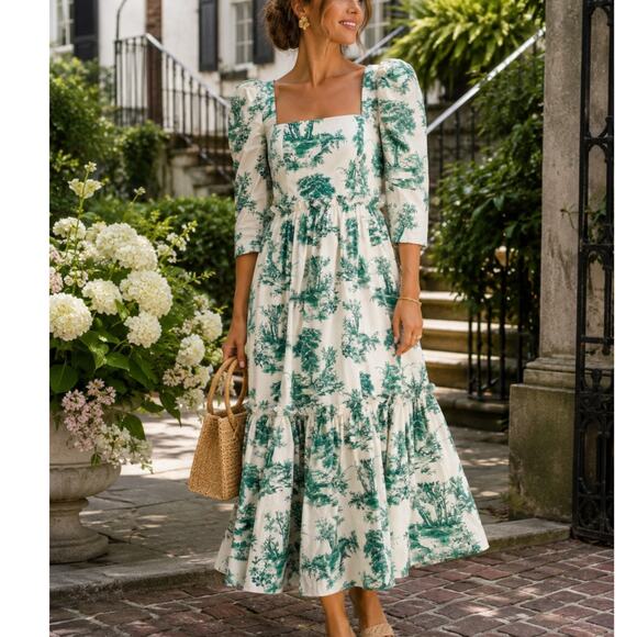 Cara Cara Dresses & Skirts - Cara Cara Blue Hill Toile Midi Dress Size 10 Green Botanical Cotton Garden Party